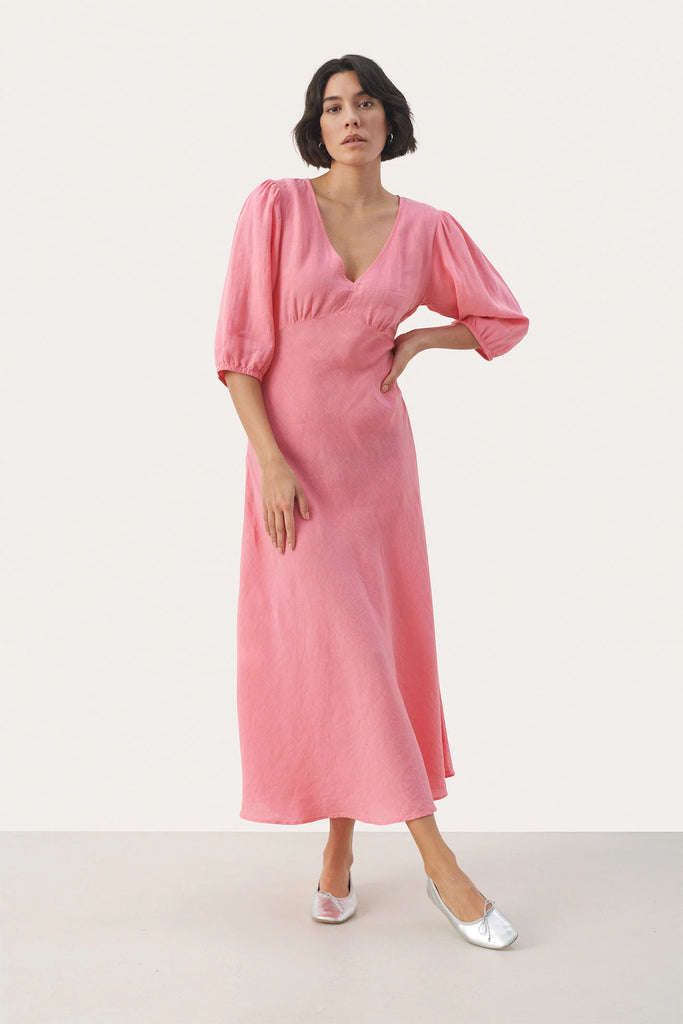 Part Two Pink Balloon Sleeve V Neck Midi Dress