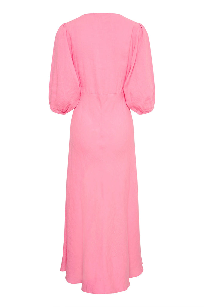 Part Two Pink Balloon Sleeve V Neck Midi Dress FRONT 