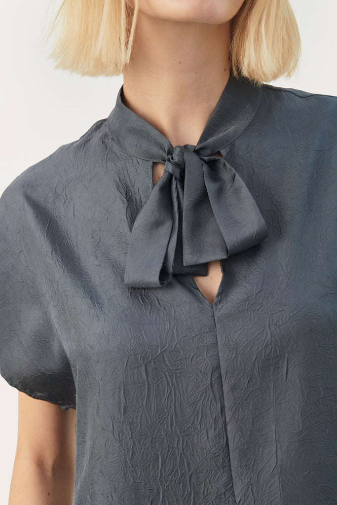 Part Two Dark Grey Pussy Bow Top With Shirt Sleeves