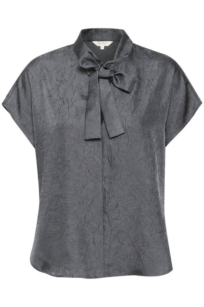 Part Two Grey Pussy Bow Top With Short Sleeves