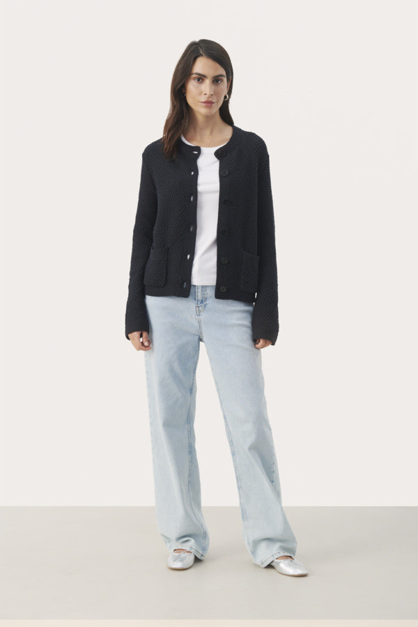Part Two Elmie casual navy knit cardigan with patch pockets and jeans