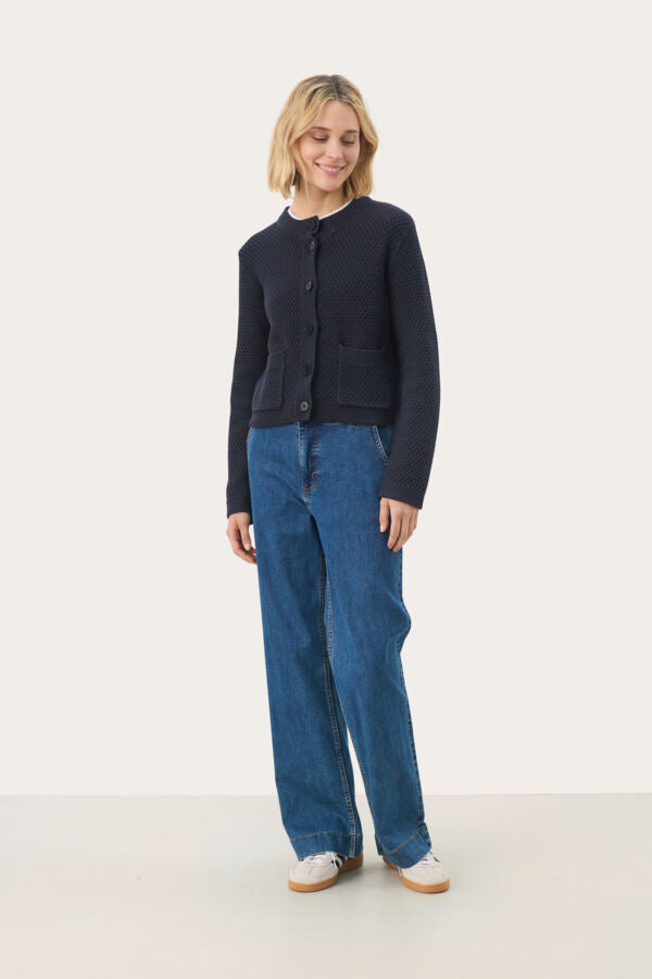 Part Two Elmie navy cardigan styled with dark denim
