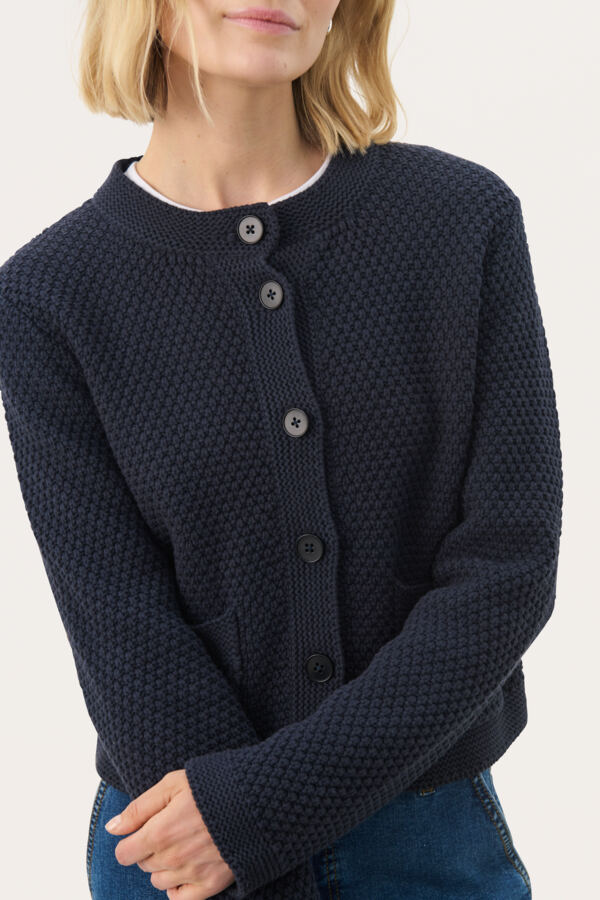 Part Two Elmie navy and white stripe knit cardigan worn with jeans