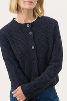 Part Two Elmie navy and white stripe knit cardigan worn with jeans
