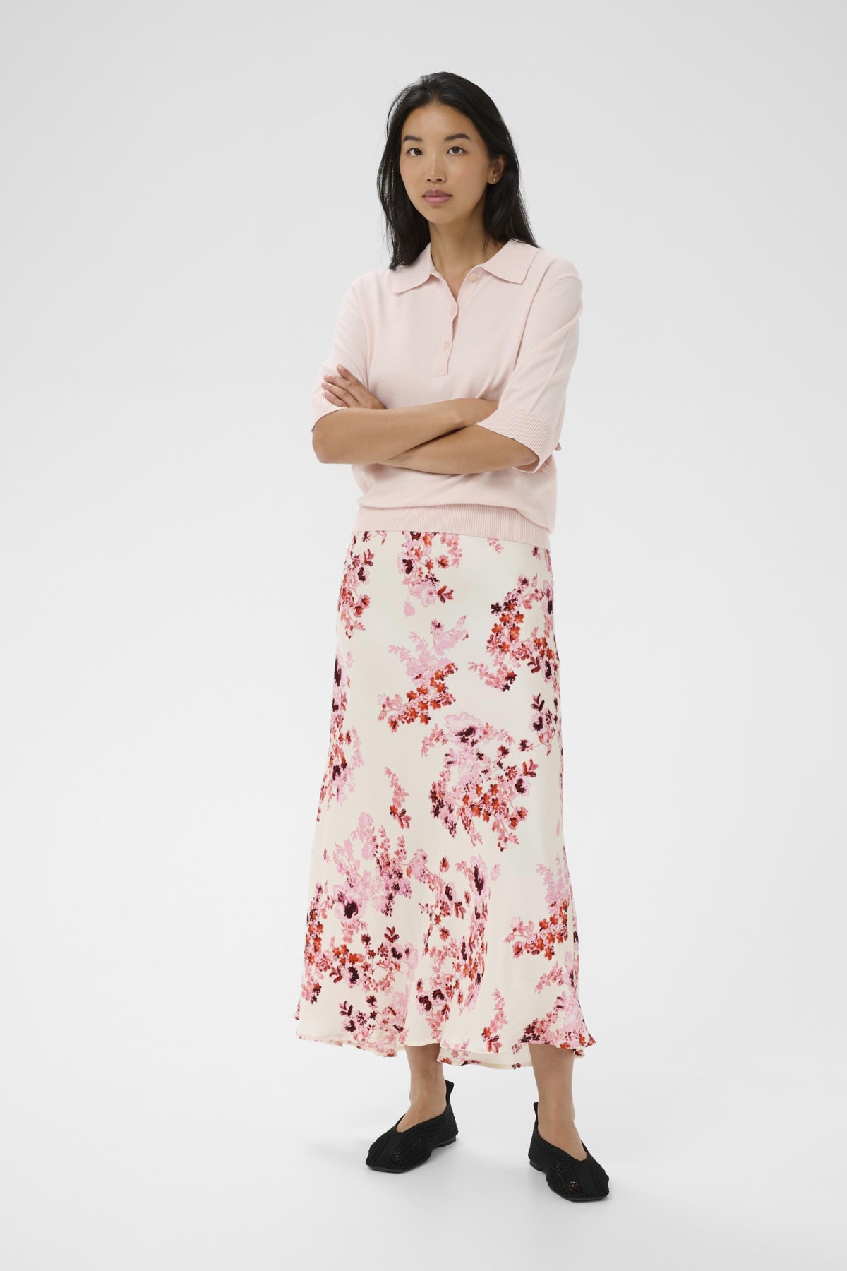 Part Two Laurina floral midi skirt pink print front view
