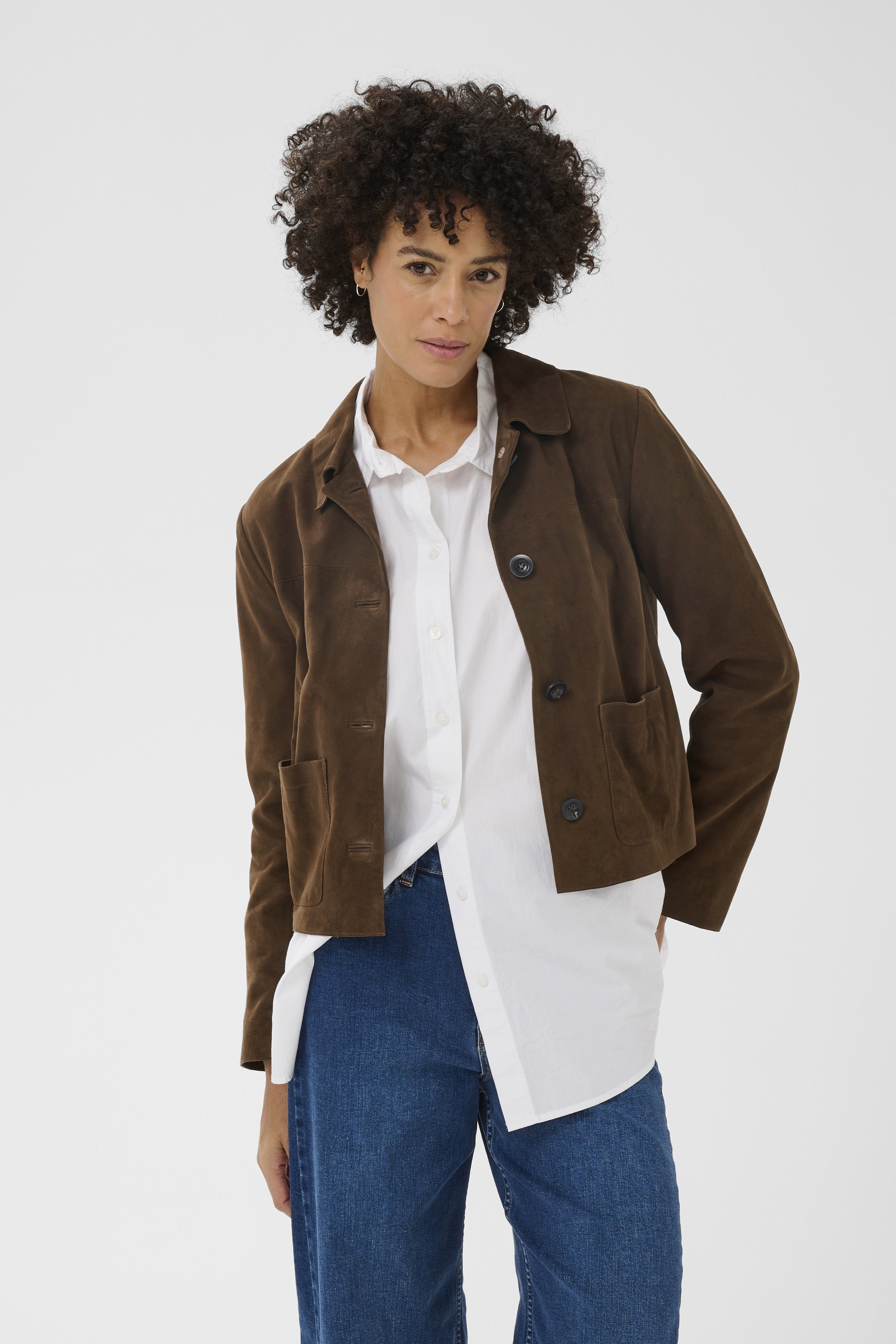 Part Two Nema suede jacket brown, close-up showing soft suede texture 