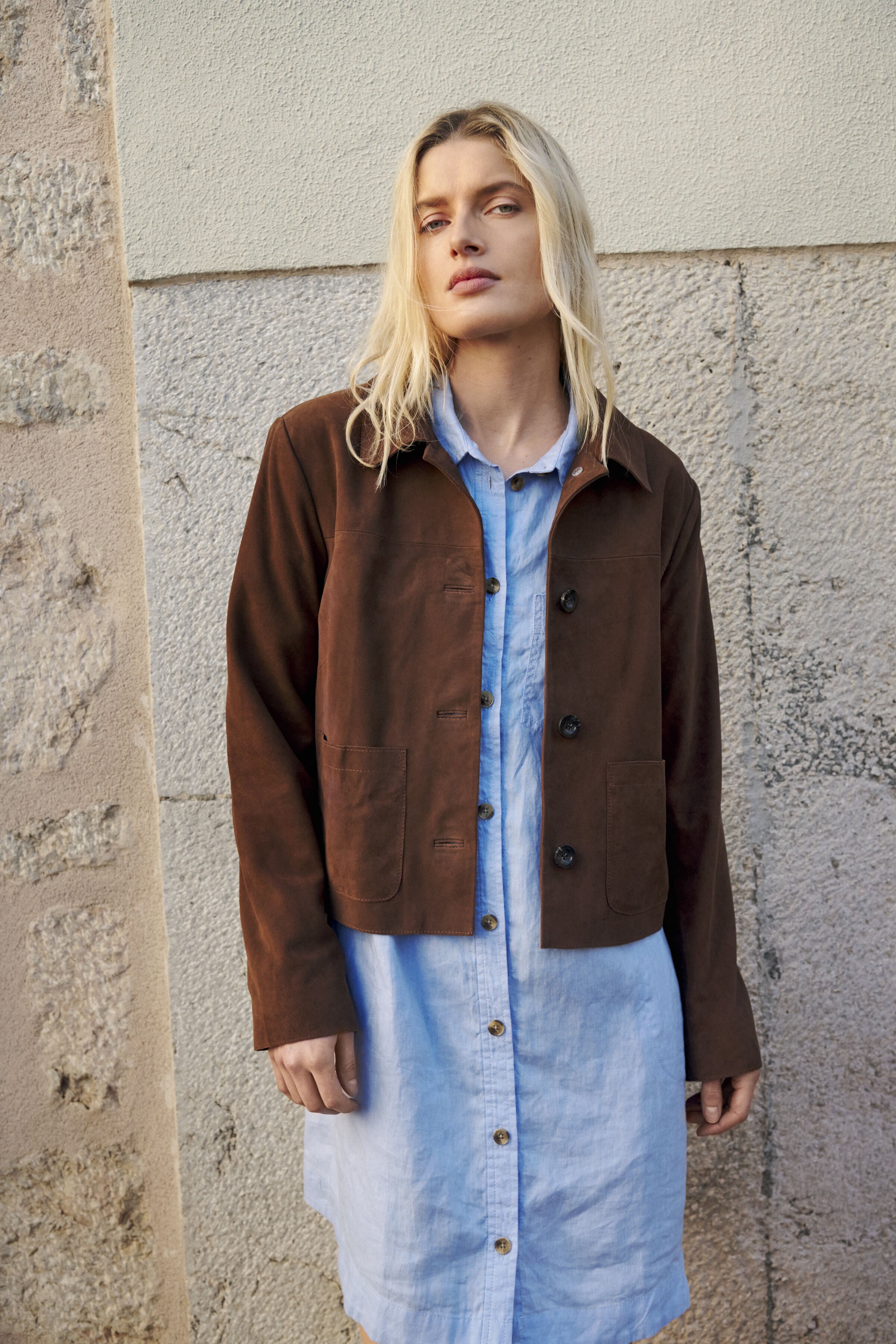 Part Two Nema suede jacket in brown, cropped silhouette styled casually with layered shirt