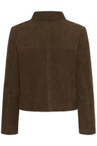 Part Two Nema suede jacket in brown, back view showing cropped length over long shirt