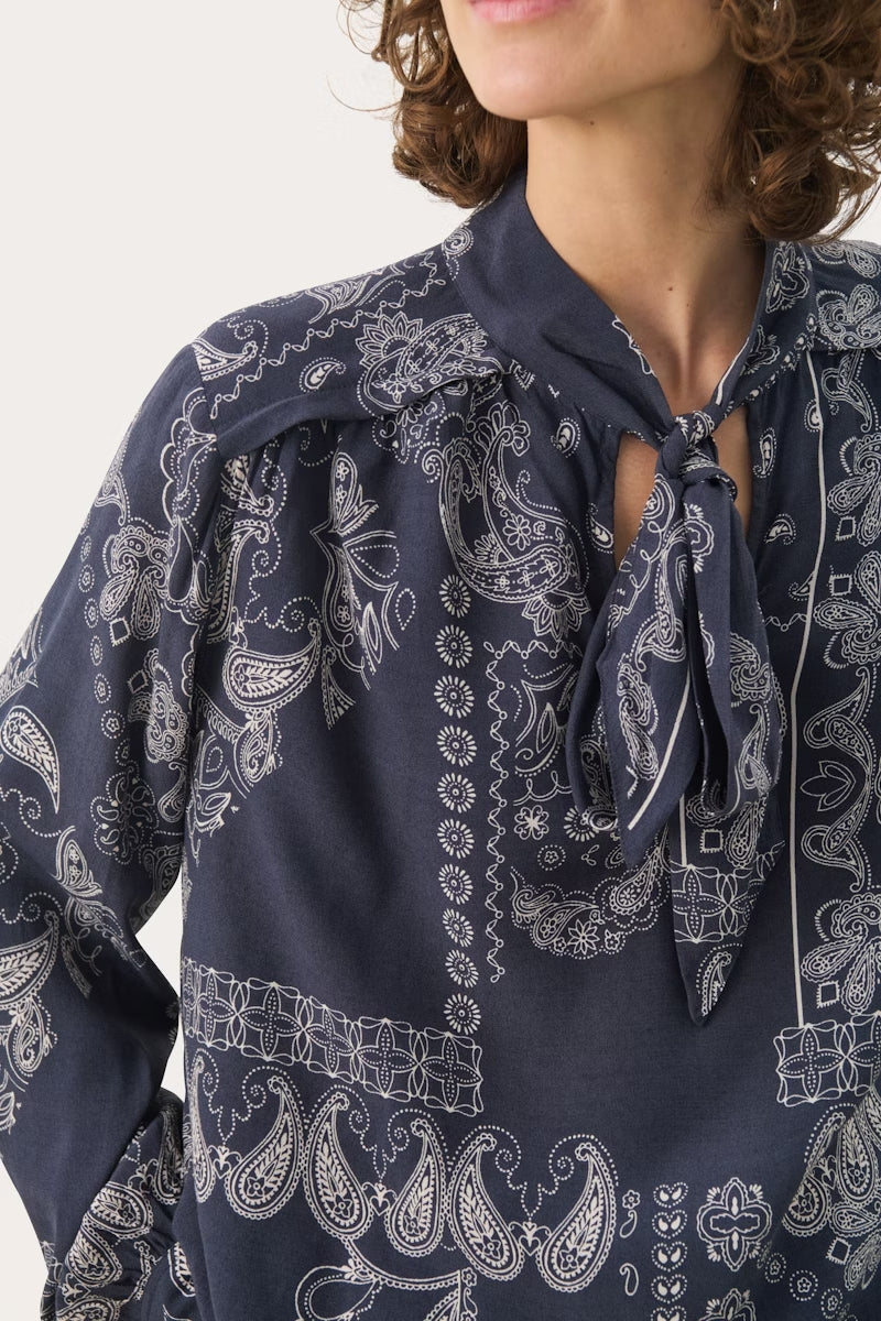 Part Two Najia Navy Paisley Print Scarf Neck Blouse - Navy