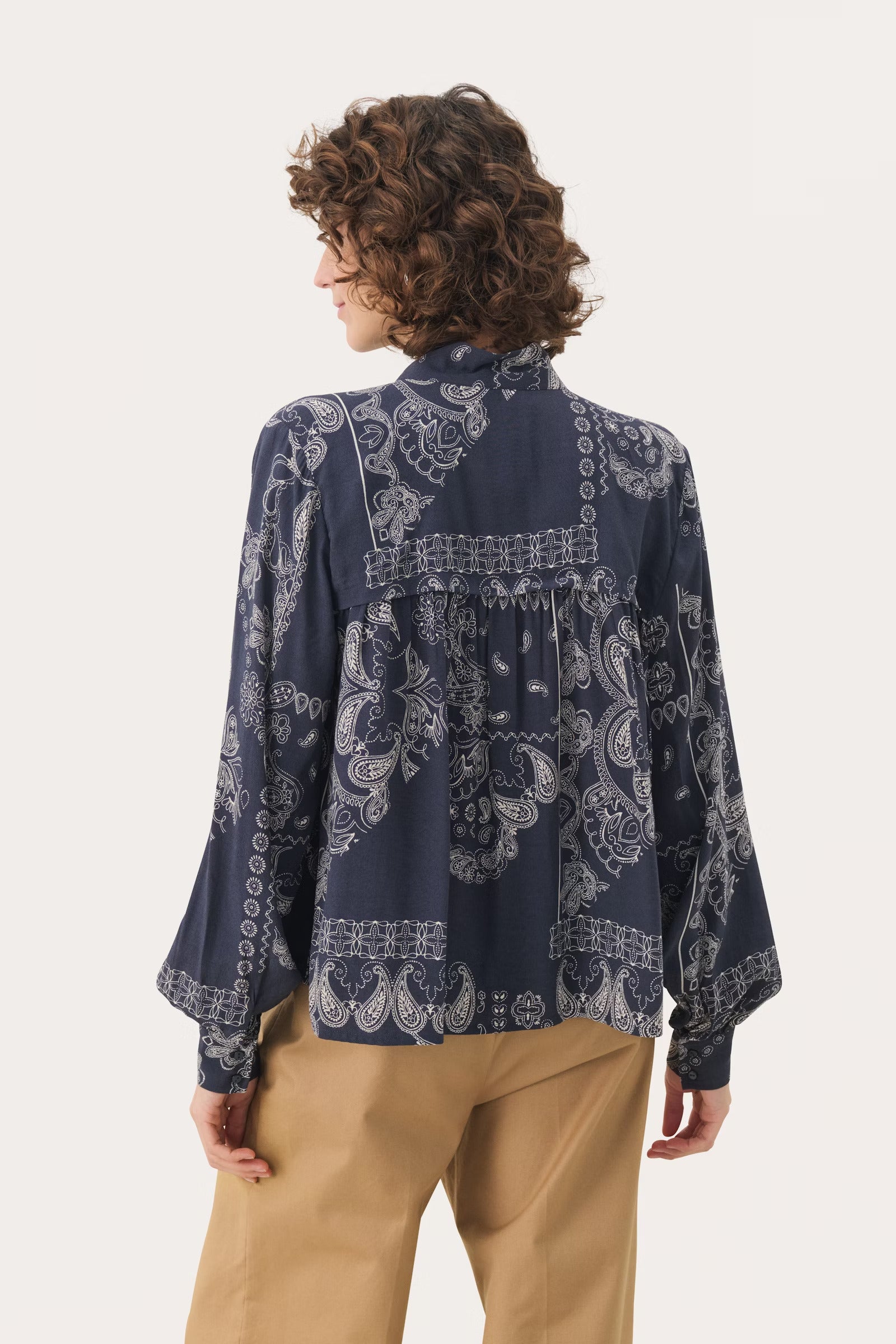 Part Two Najia Navy Paisley Print Bow Neck Blouse From The Back 