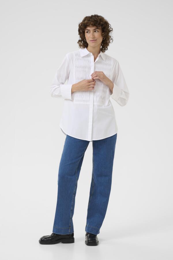 Part Two Natinka White long-sleeve cotton blouse with smocking styled with jeans