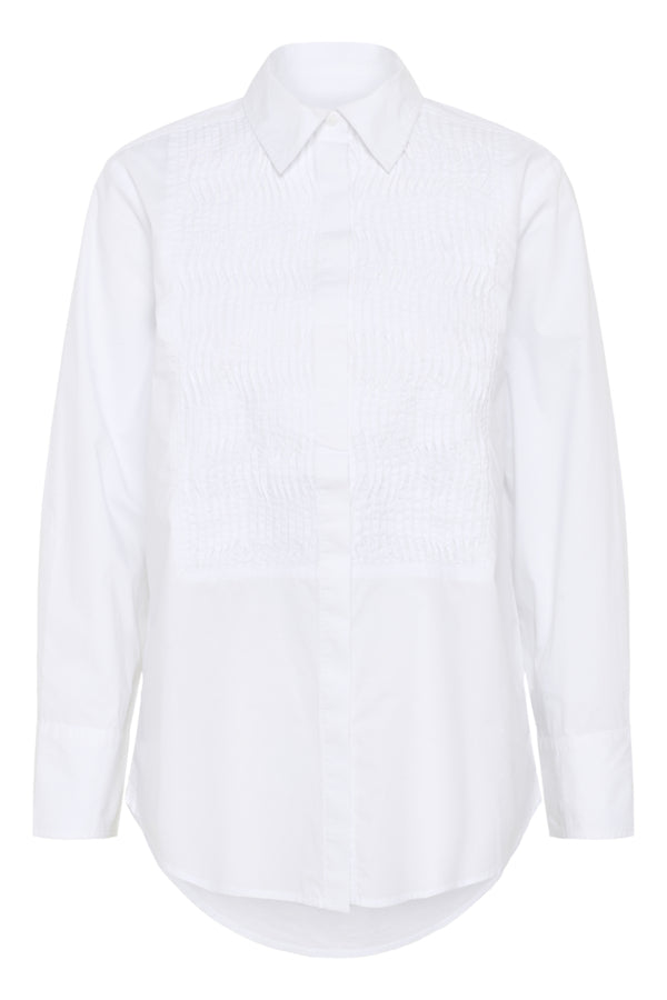 Flat lay of Part Two white cotton shirt with detailed front smocking