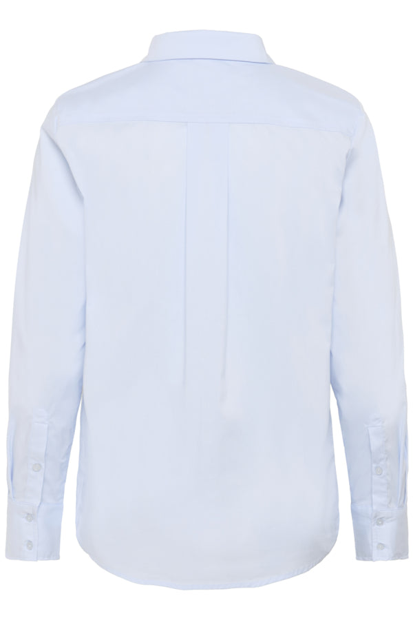 Back flat lay of long-sleeved cotton shirt in soft heather blue