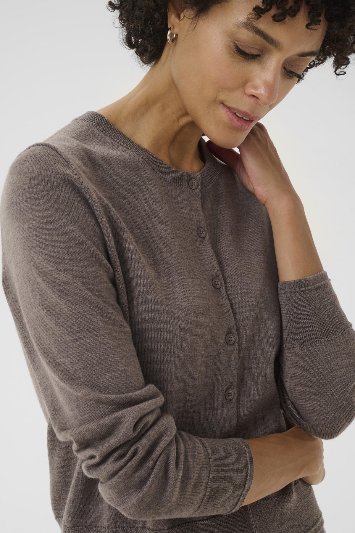 Part Two NoelaniPW taupe wool cardigan close-up showing round neck, tonal buttons and fine knit texture.