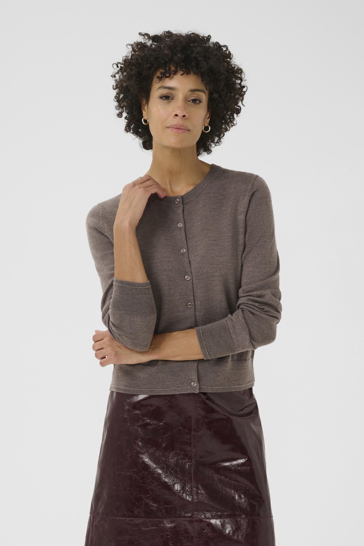 Part Two NoelaniPW Taupe wool cardigan three-quarter front view, cropped hem and ribbed cuffs visible.