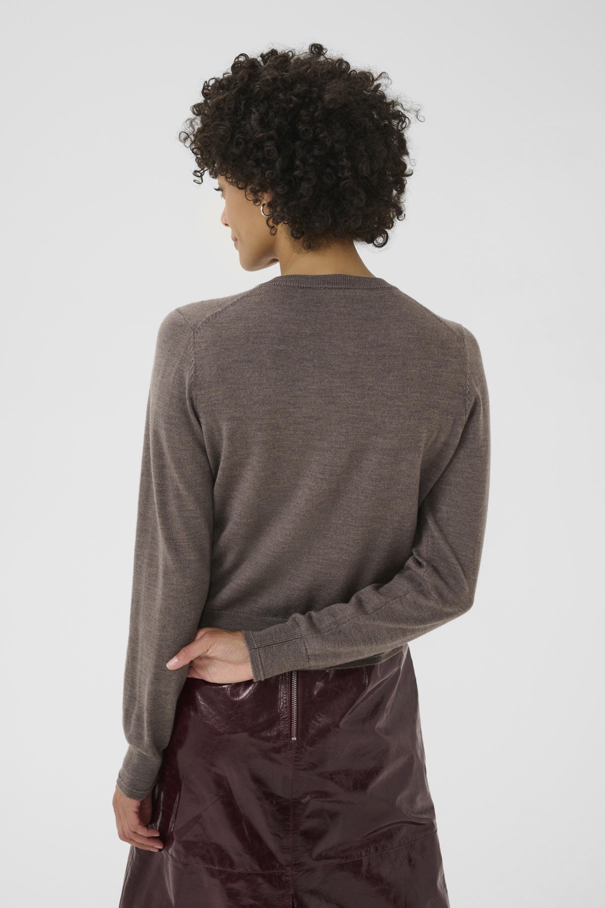 Part Two NoelaniPW browny grey wool cardigan back view, straight-knit panel and regular-fit silhouette.