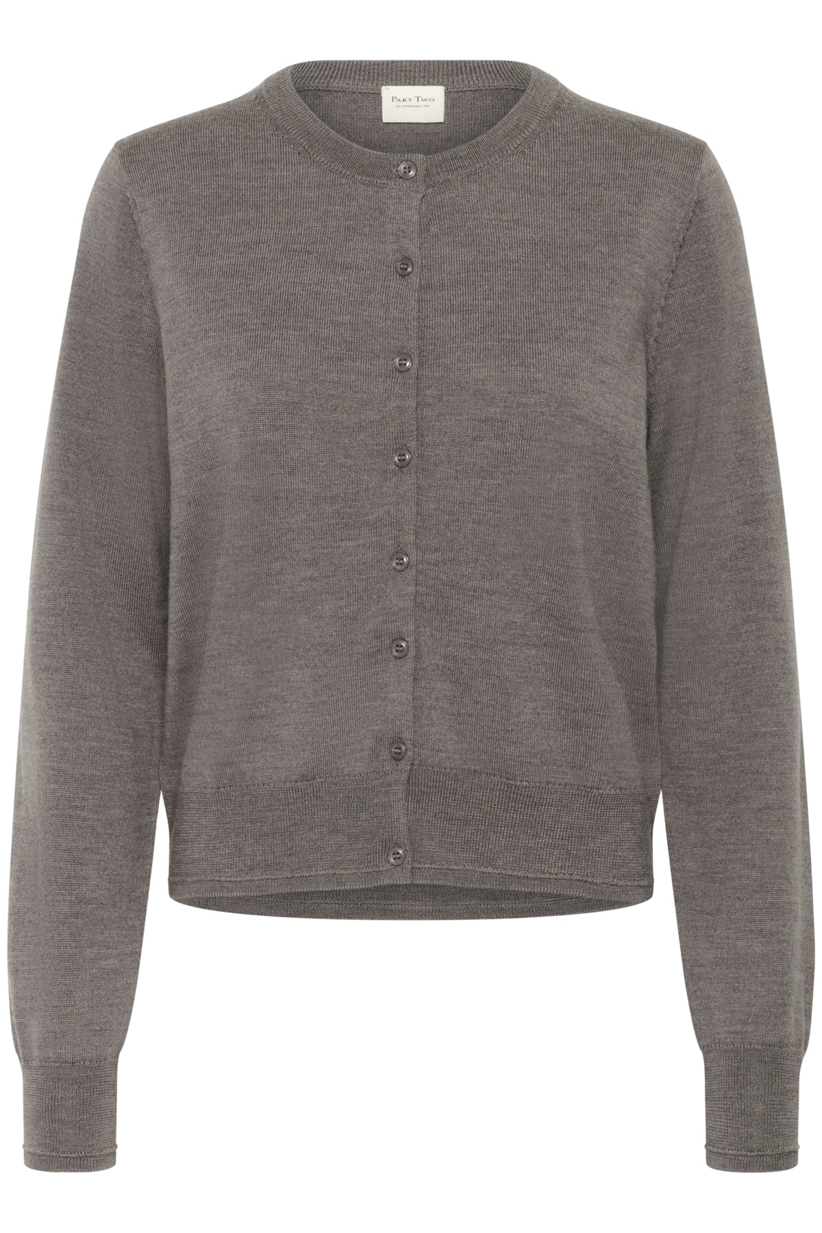 Part Two NoelaniPW wool cardigan flat-lay front view, neutral knit with tonal button closure.