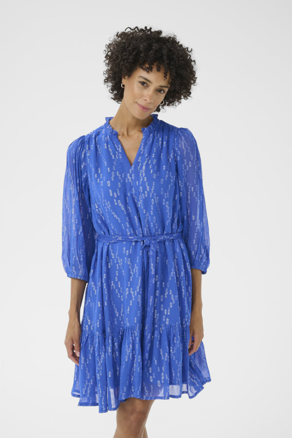 Part Two Tannie dress in vibrant blue styled with flat shoes