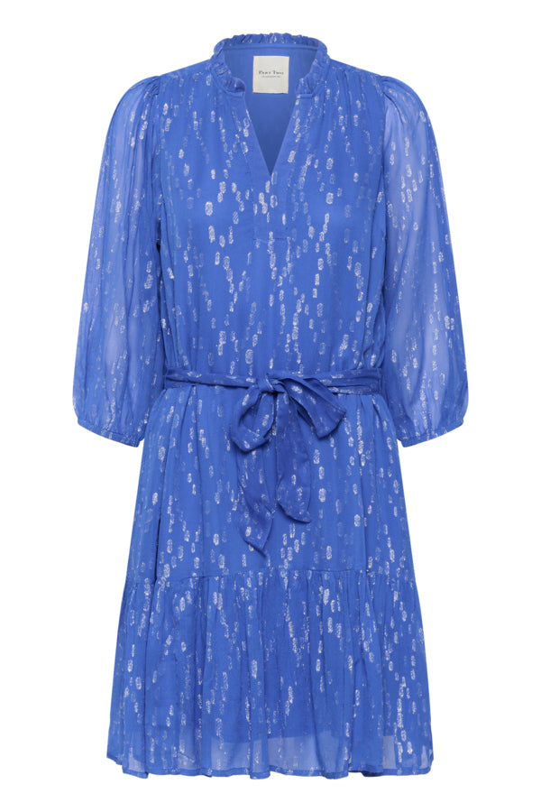Flat lay of Tannie lurex dress in amparo blue with v-neck and belt