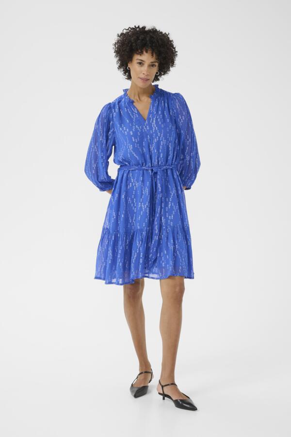 Model wearing Part Two belted amparo blue lurex dress with balloon sleeves