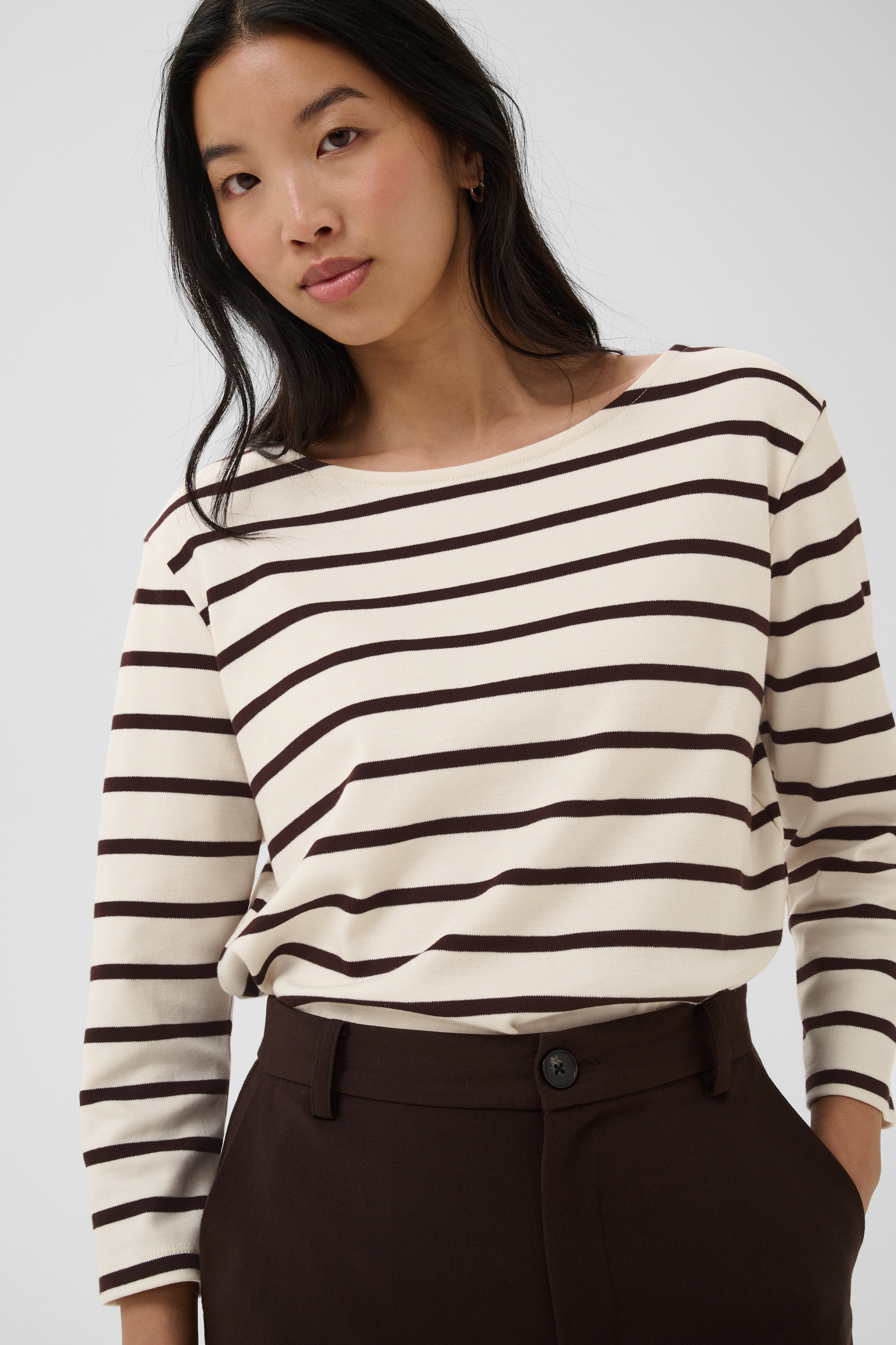 Part Two cream and brown Breton stripe top front view