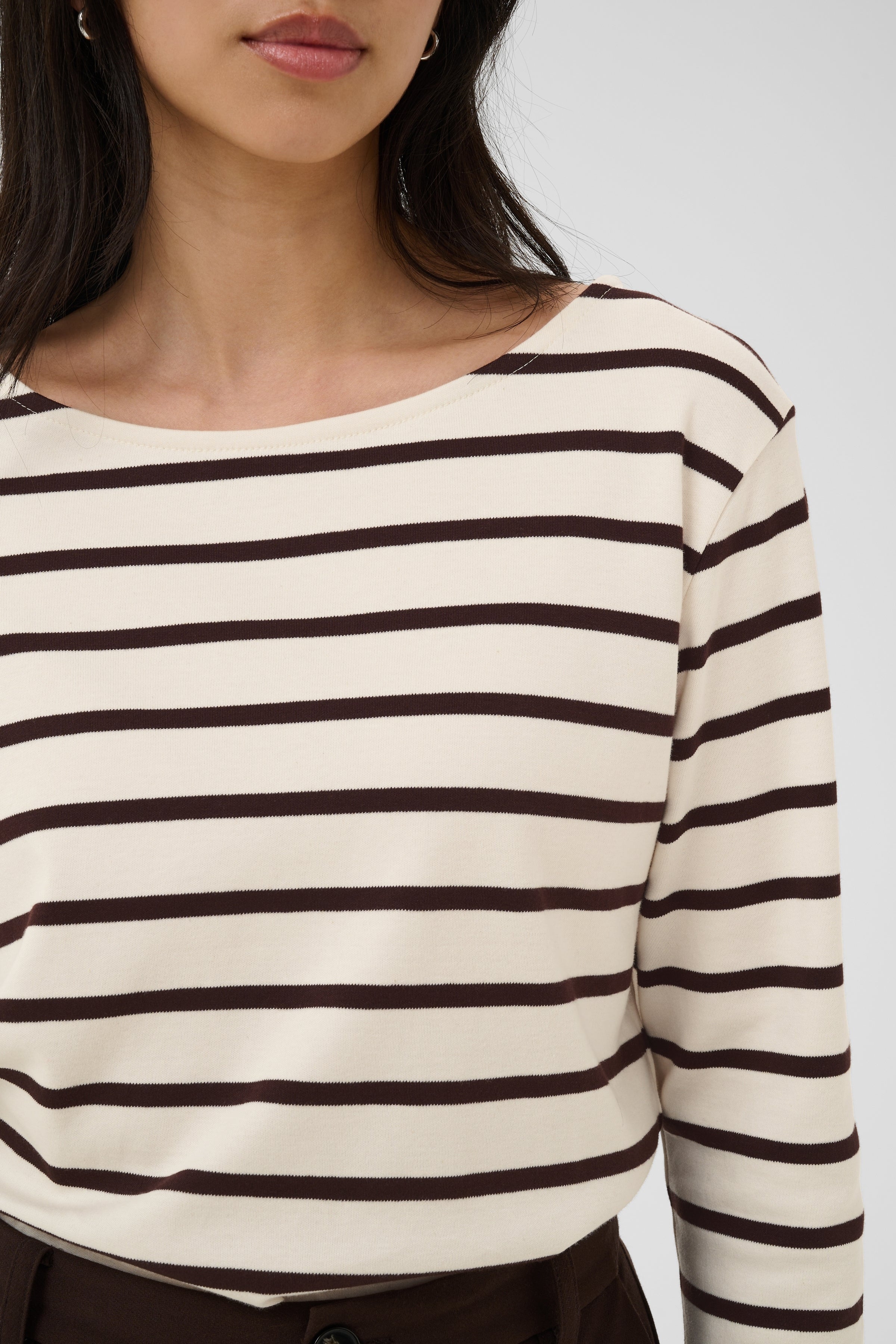 Part Two women’s striped boat neck top in cream and brown