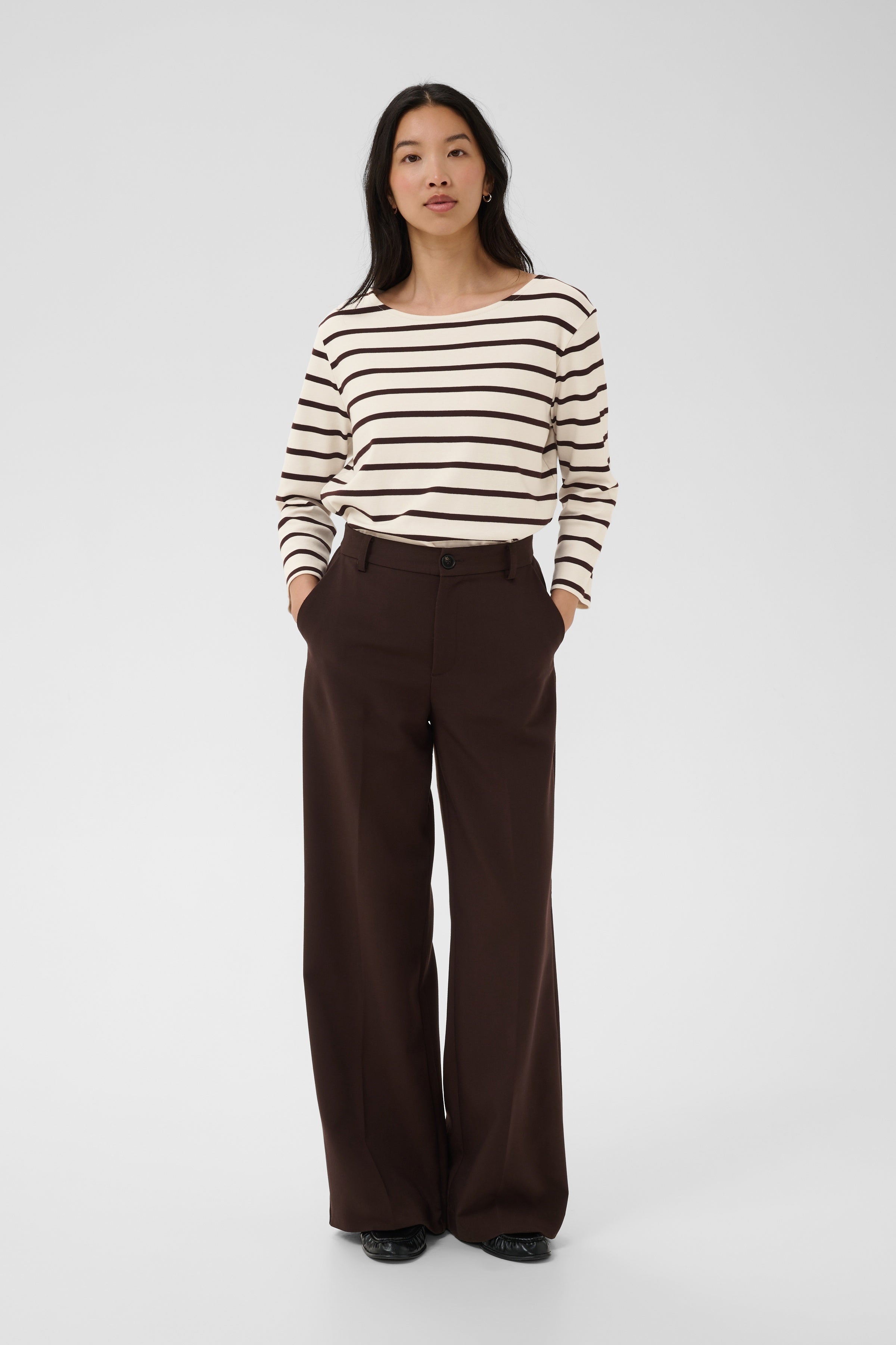Part Two Breton stripe long sleeve top styled with brown trousers