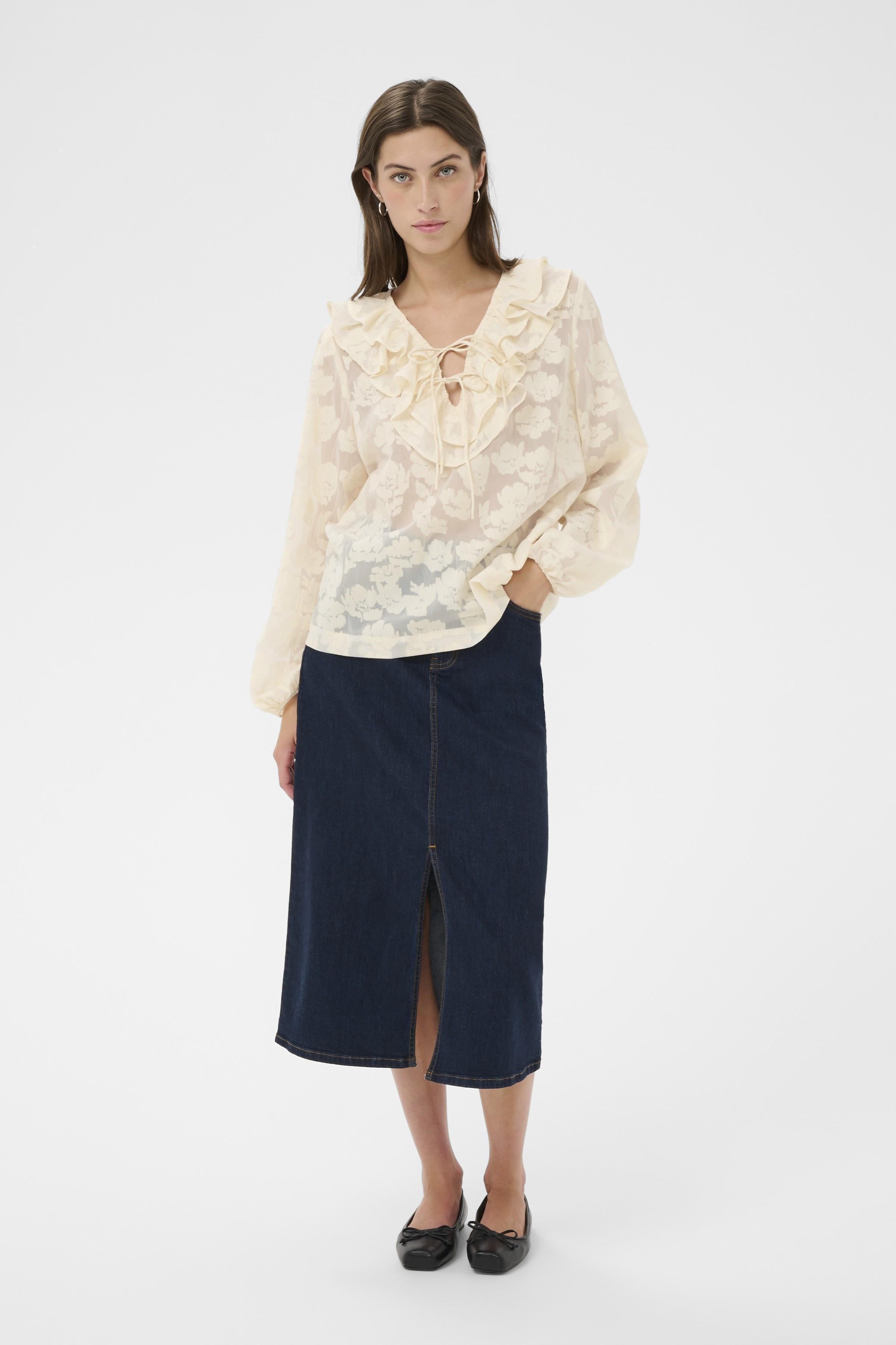 Part Two Zaira long sleeve blouse styled with denim skirt 