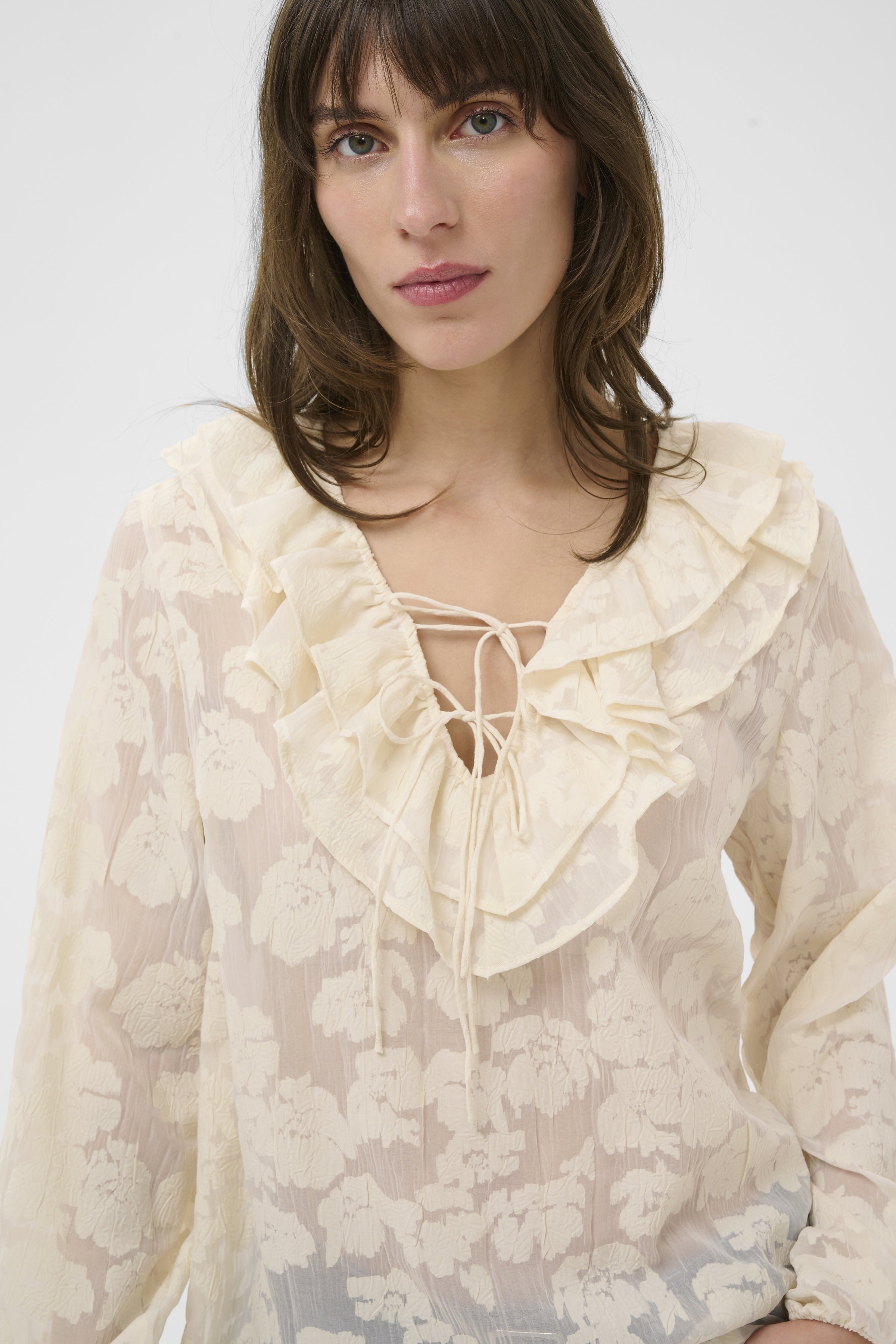 Part Two Zaira cream long sleeve blouse with ruffled neckline detail