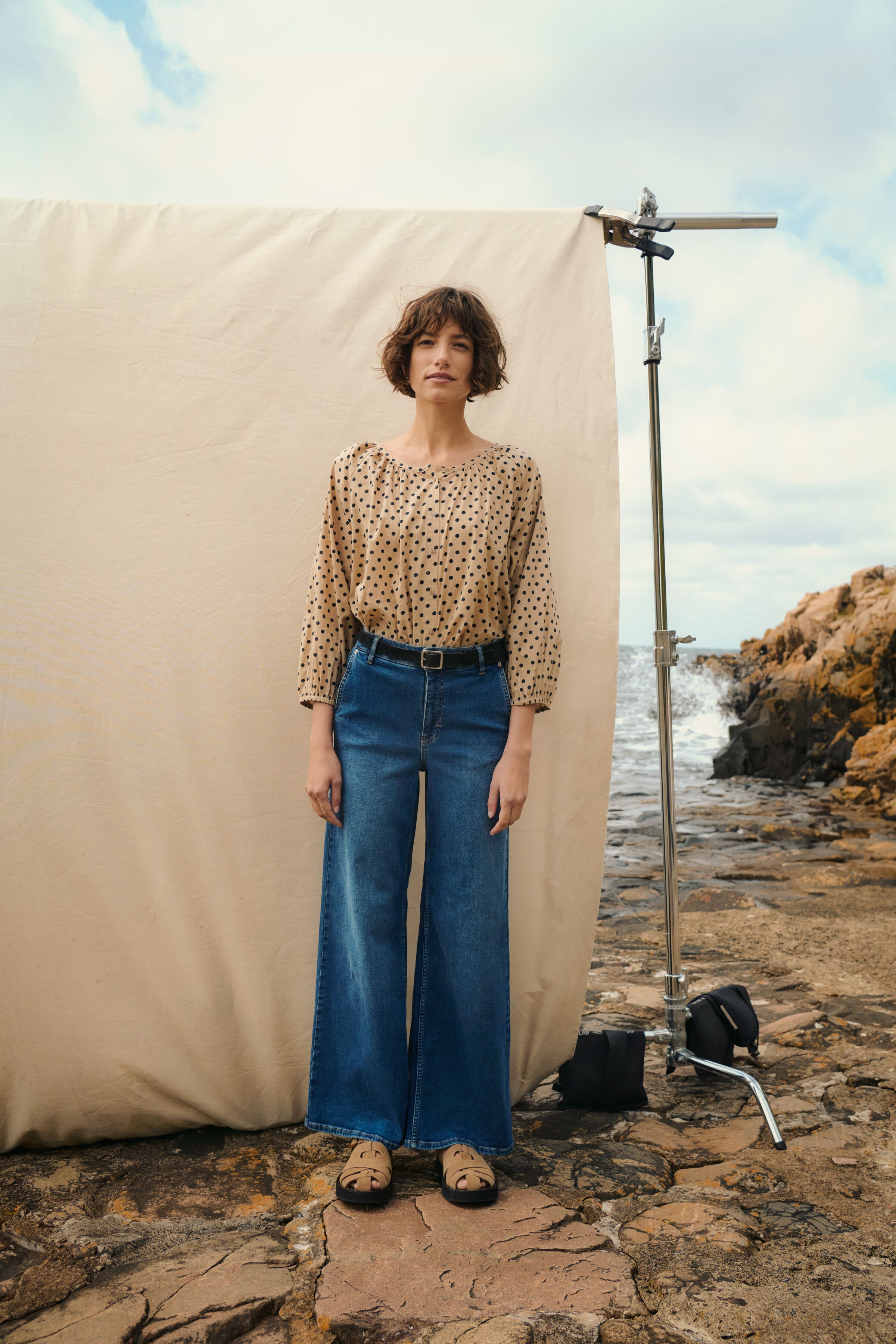 Part Two Safina wide leg jeans styled with blouse lifestyle image