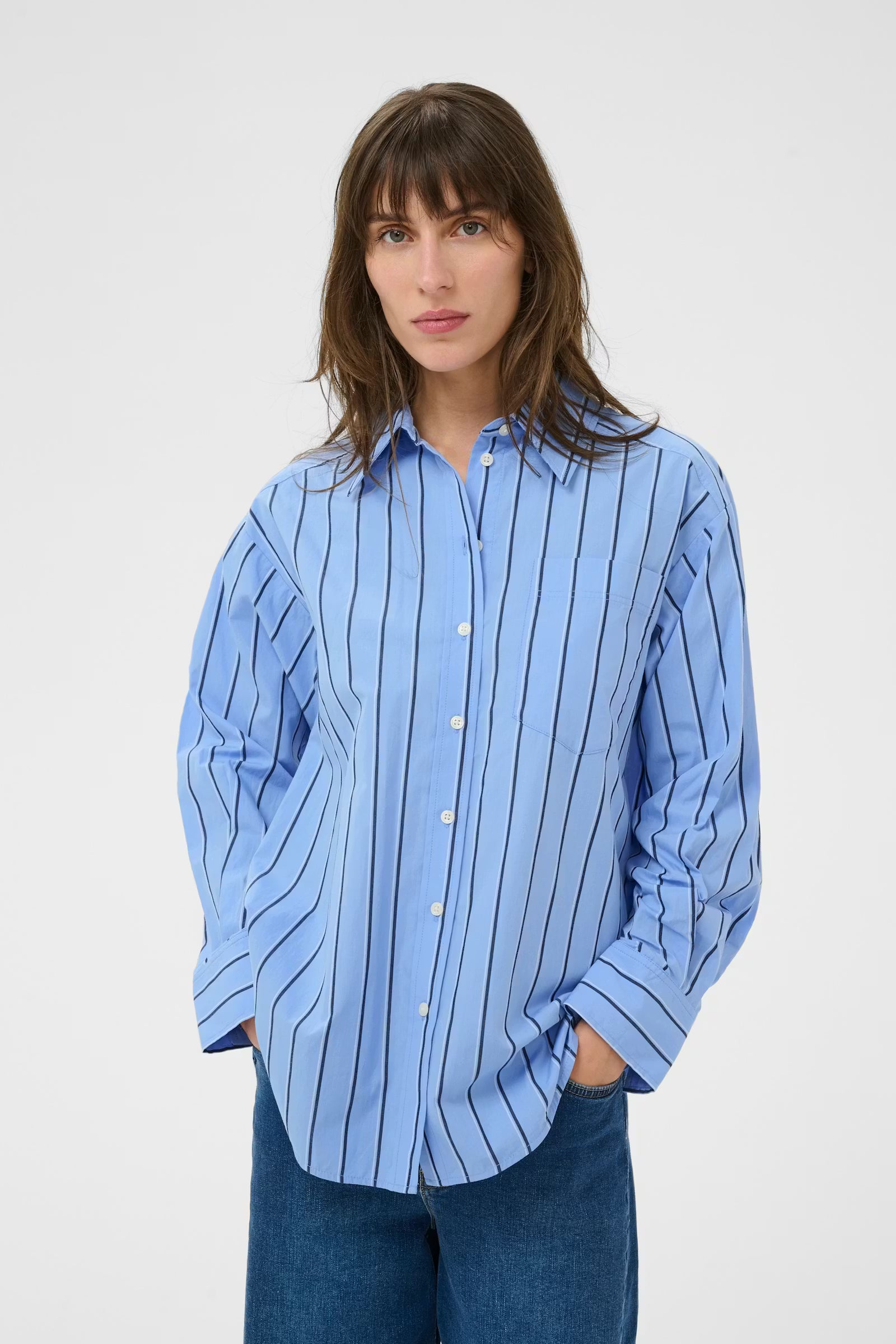 Part Two Annabella blue striped organic cotton shirt front view