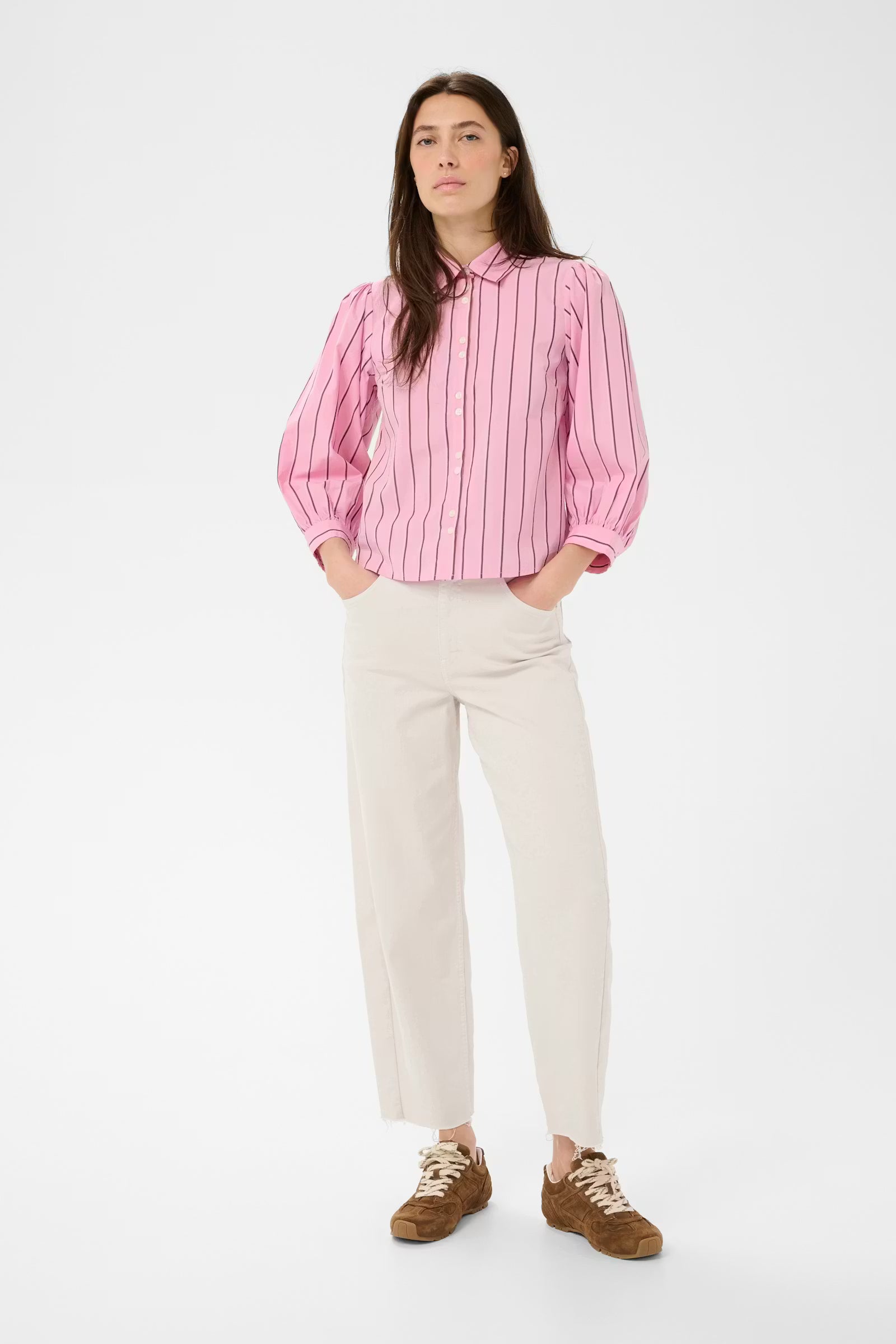 Part Two Anais pink striped shirt full outfit view