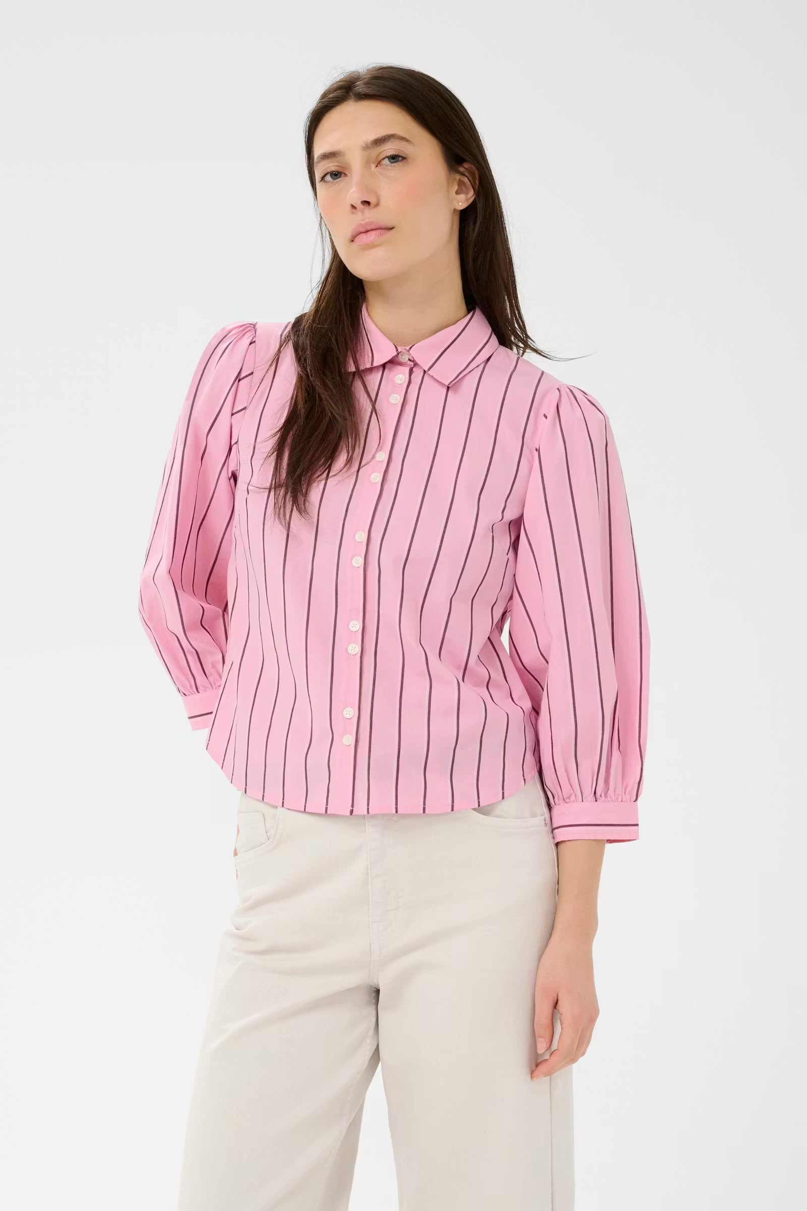Part Two Anais pink striped volume sleeve shirt front view