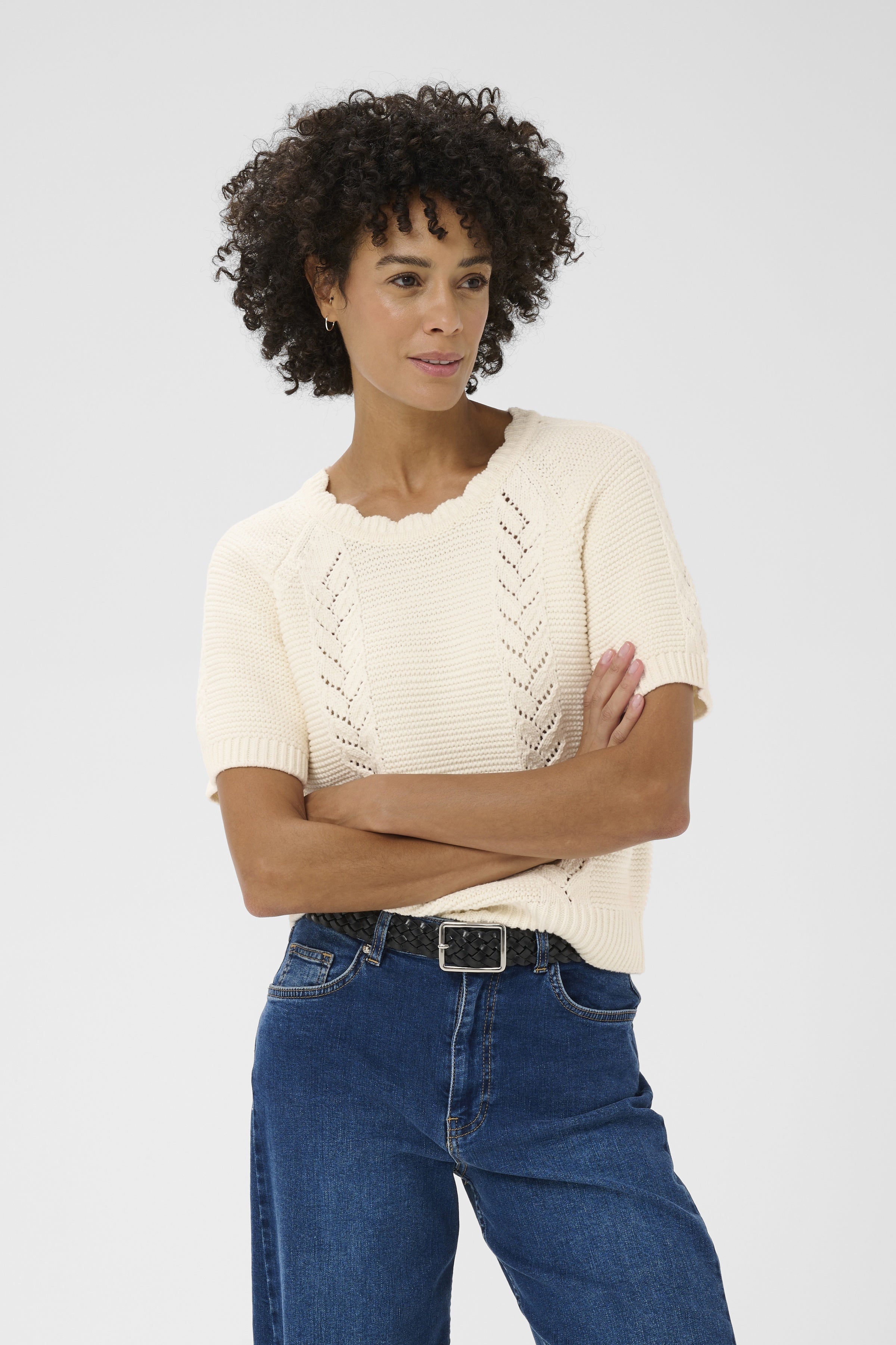 Part Two Anisette cream short sleeve knit jumper with scalloped neckline straight cut