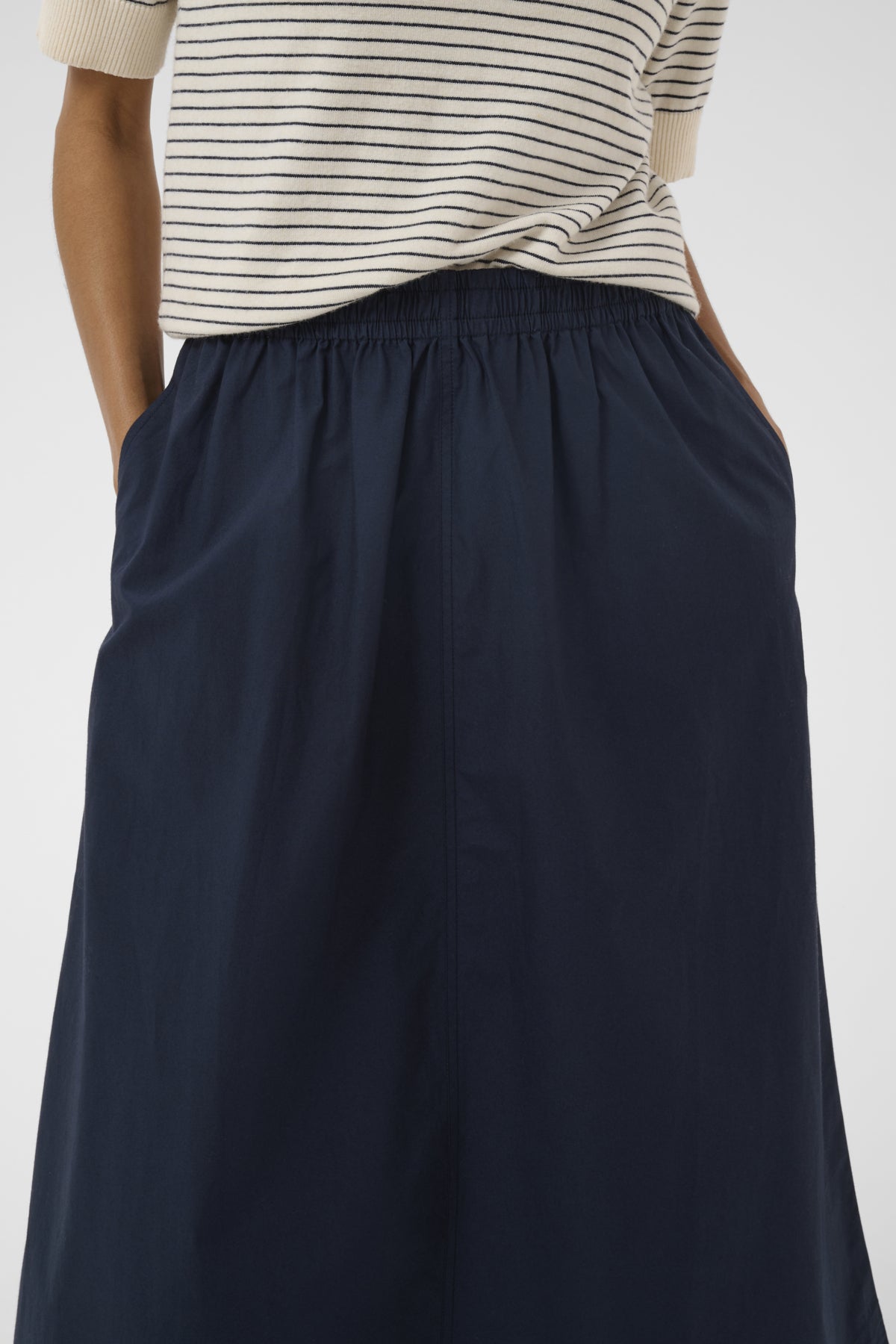 Part Two Asmina navy cotton skirt elastic waistband and pocket detail