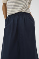 Part Two Asmina navy cotton skirt elastic waistband and pocket detail