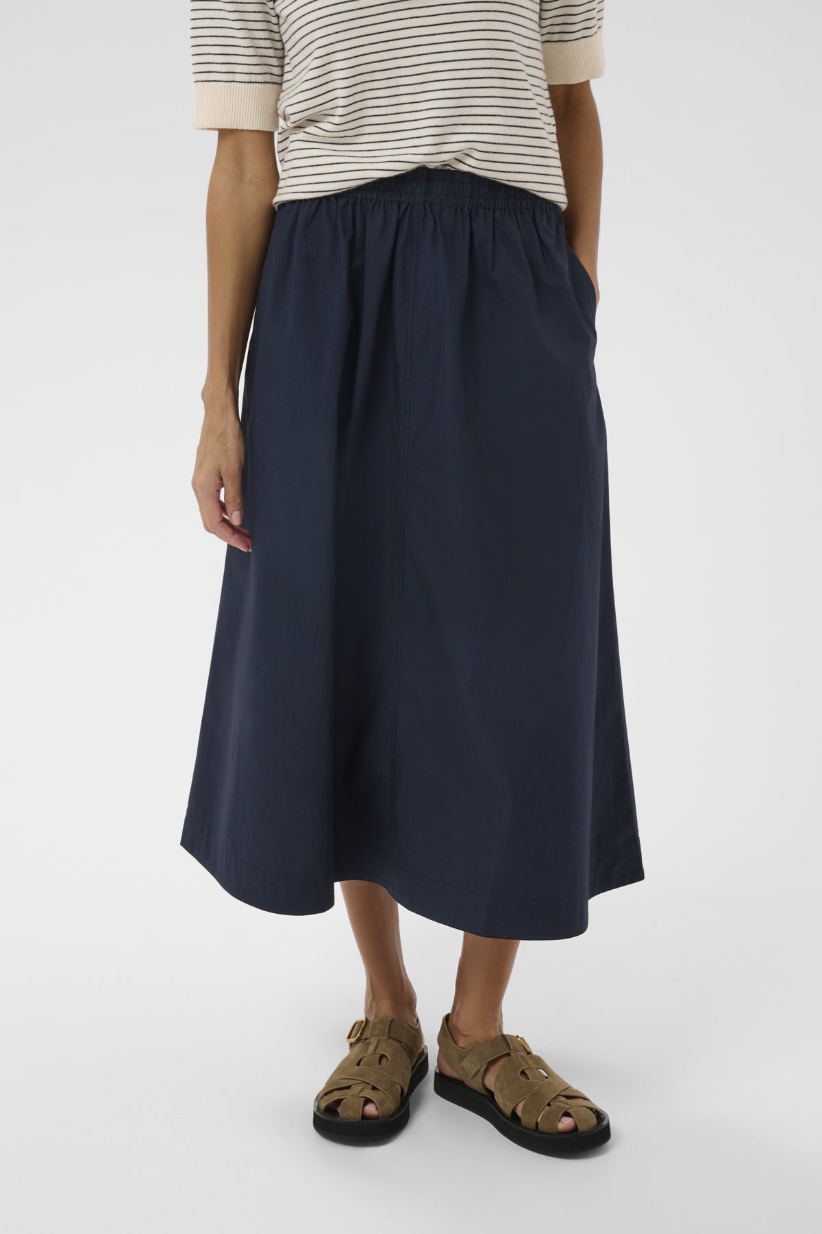 Part Two Asmina navy cotton A-line midi skirt front view