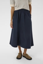 Part Two Asmina navy cotton A-line midi skirt front view