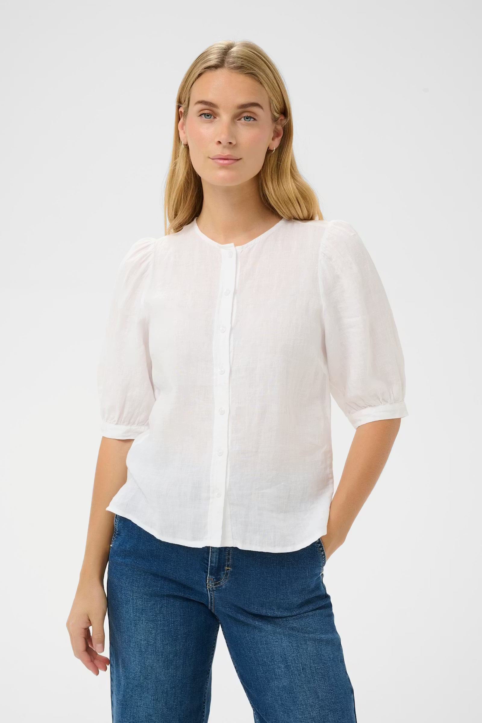 Part Two Azra linen puff sleeve blouse styled with denim