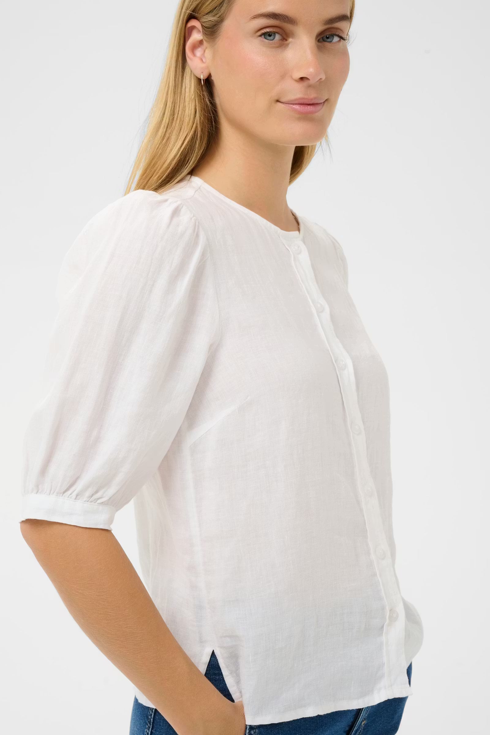 Part Two Azra white linen blouse round neckline detail