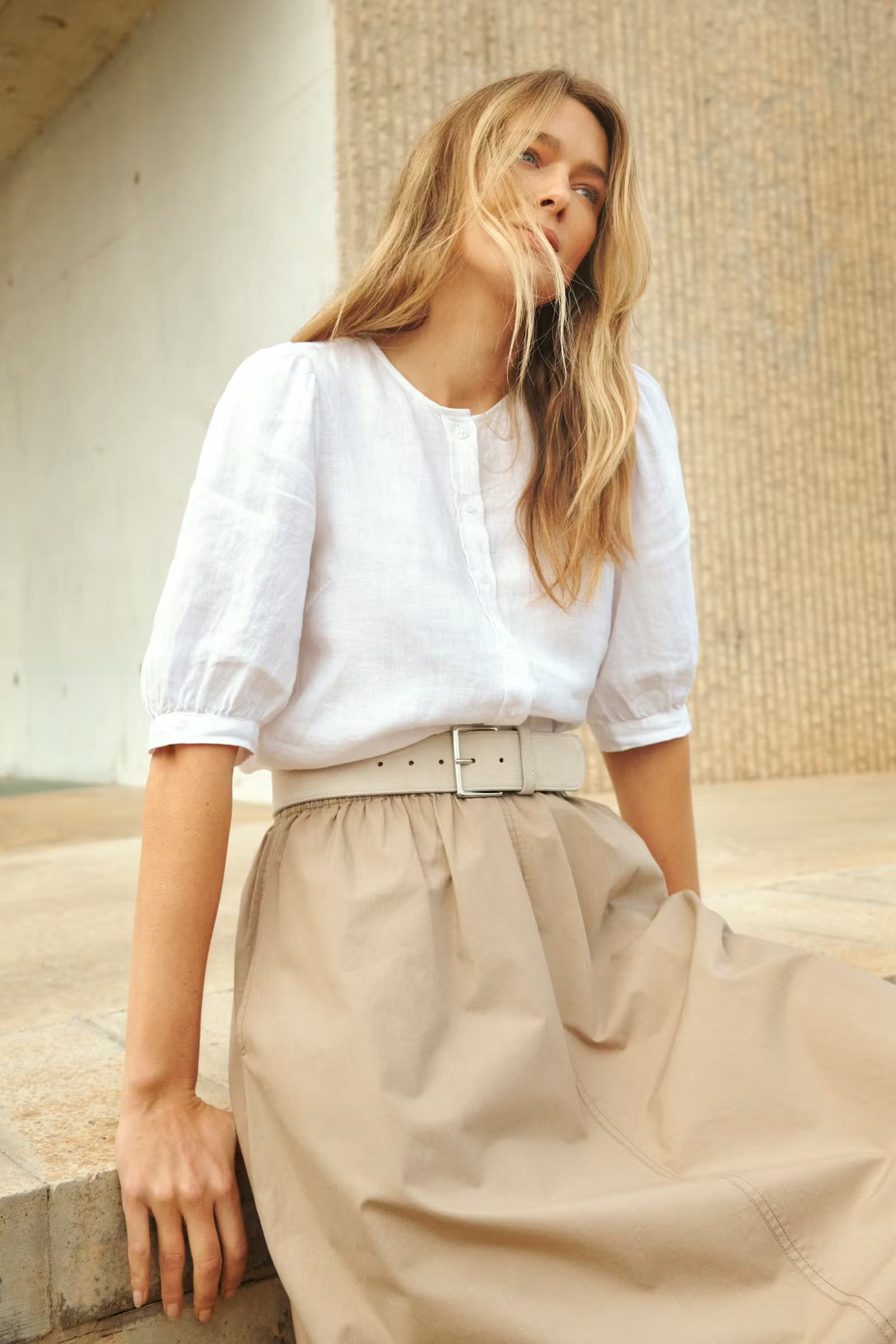 Part Two Azra linen puff sleeve blouse styled with beige skirt