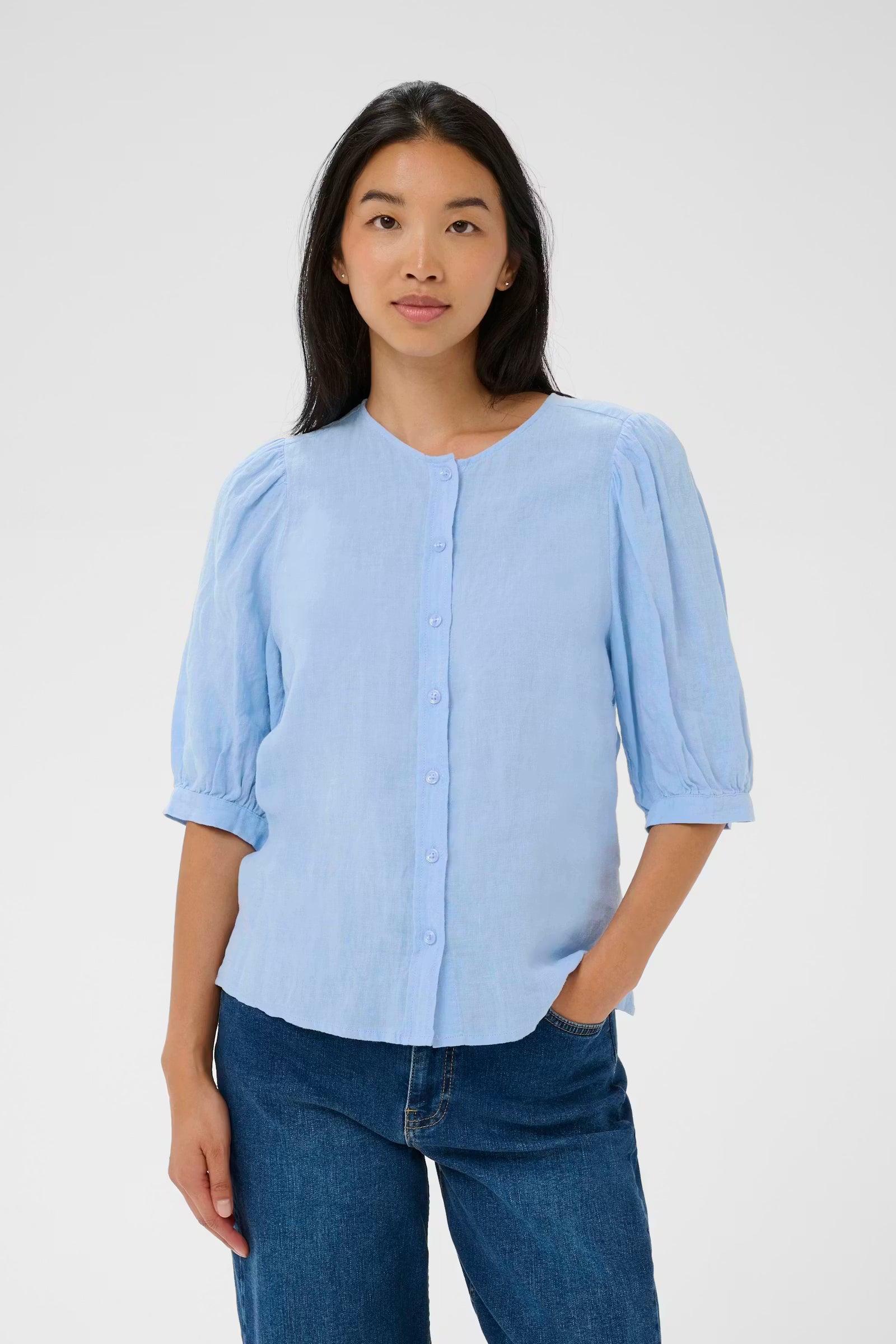 Part Two Azra linen puff sleeve blouse light blue front view