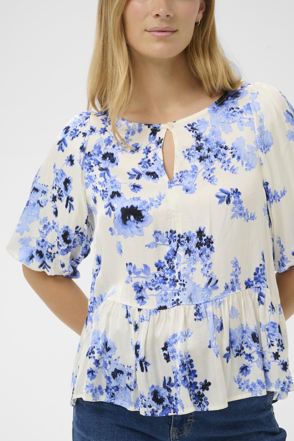 Part Two Azelia floral print peplum blouse front view Blue and white 