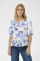 Part Two Azelia blue an white floral blouse keyhole neckline detail