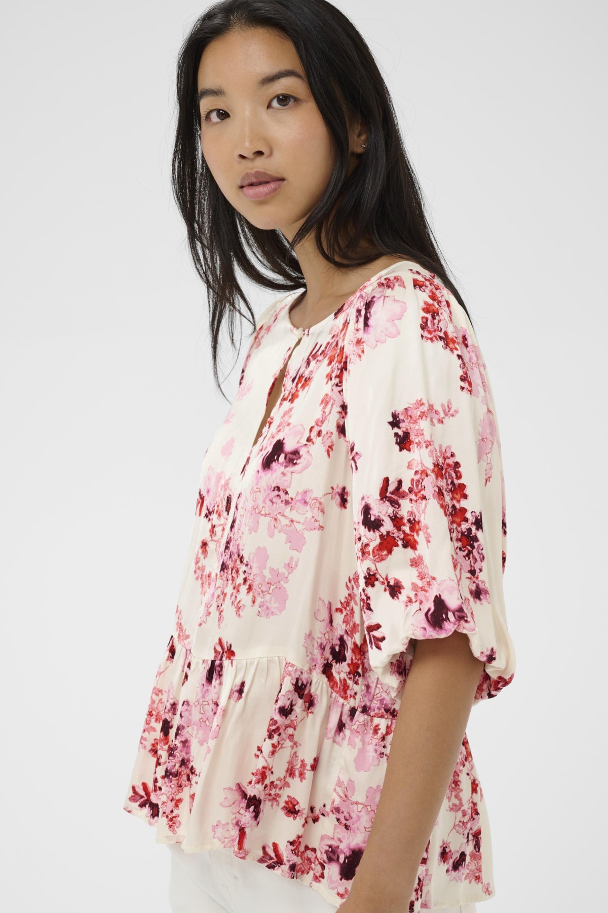Part Two Azelia floral peplum blouse side view pink print