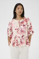 Part Two Azelia floral print peplum blouse front view pink floral