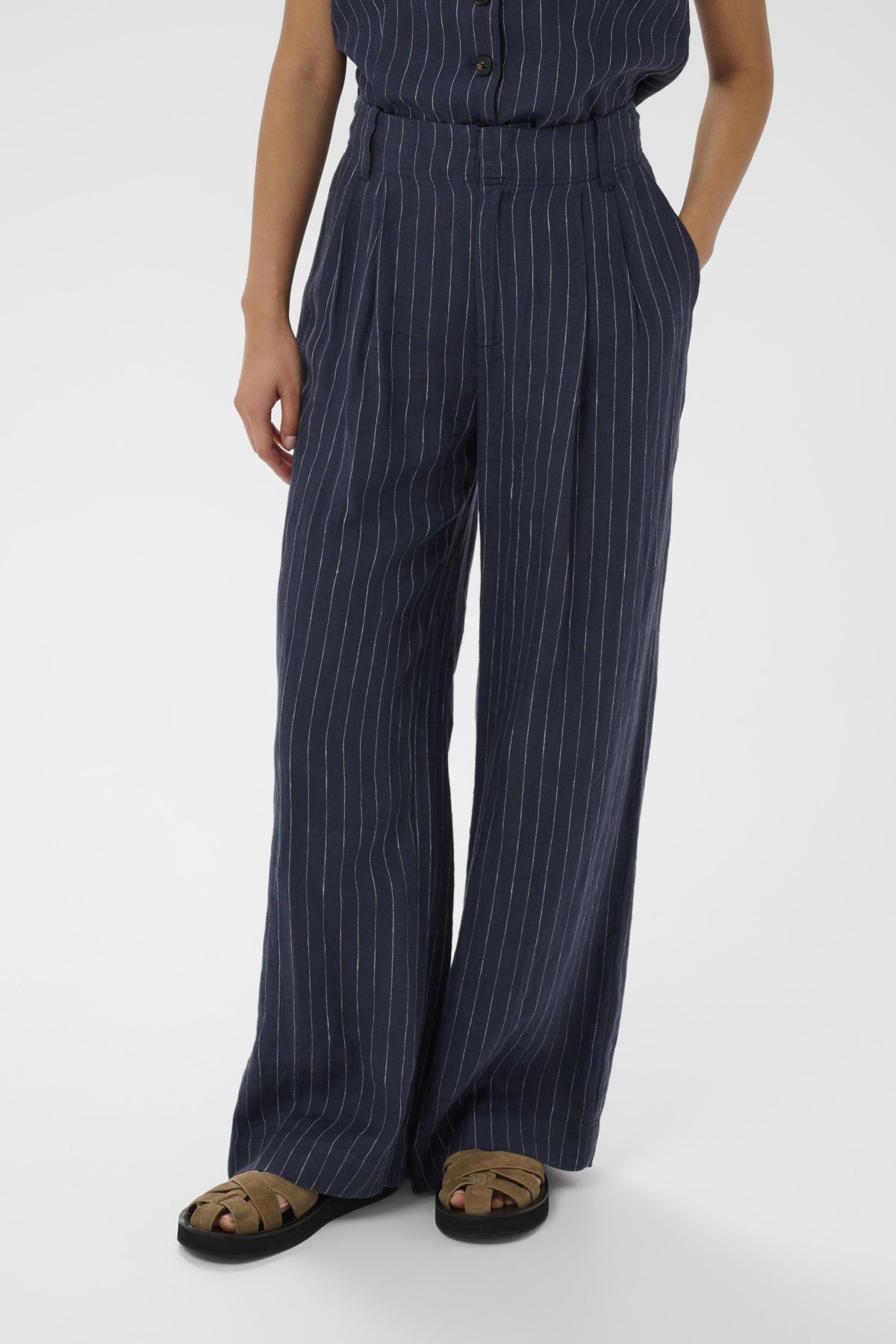 Part Two Aliya navy linen pinstripe trousers full length wide leg front view