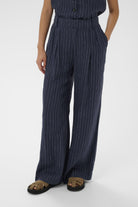 Part Two Aliya navy linen pinstripe trousers full length wide leg front view