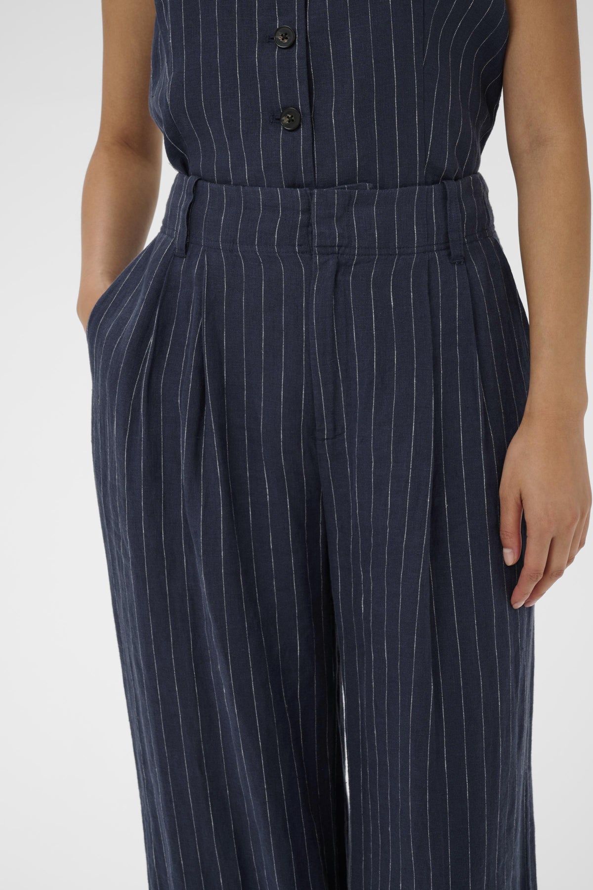 	Part Two Aliya high waist pinstripe trousers navy front pleat detail