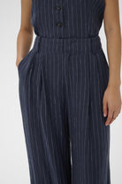 	Part Two Aliya high waist pinstripe trousers navy front pleat detail